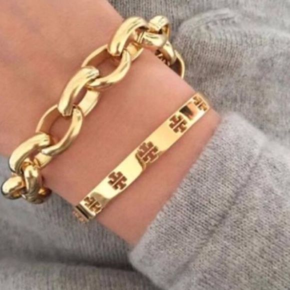 TORY BURCH LOGO DOUBLE T CUFF 18K GOLD TONE BRACELET - Picture 1 of 8